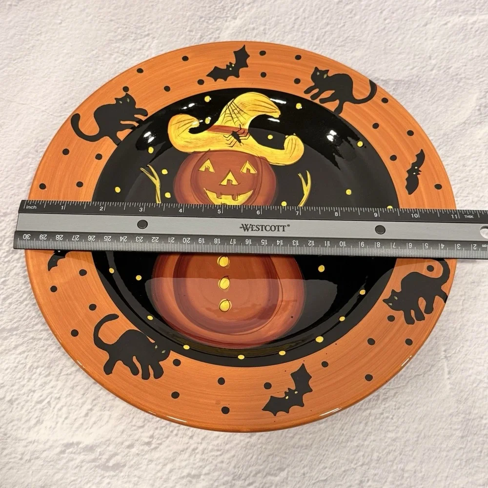 Laurie Gates Halloween Ware Ceramic Pumpkin Snowman Plate Fall Decor Cats Bats